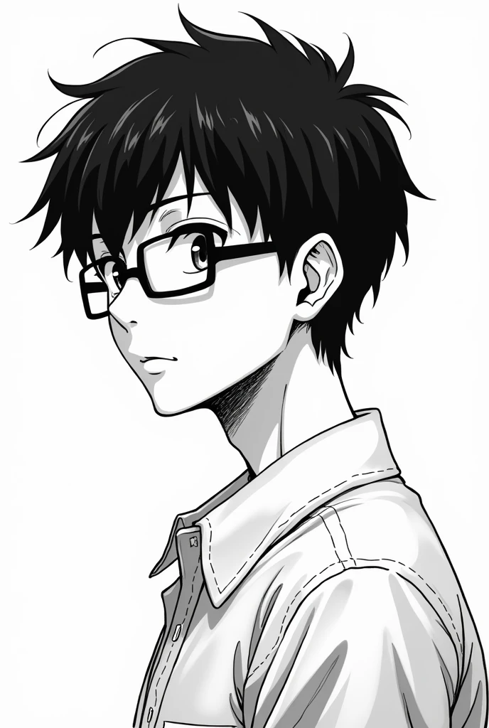 I want an anime character for a manga, a 16-year-old boy with glasses and black hair that is manga style