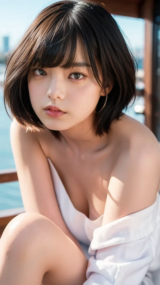 ((((Detailed explanation)))),(((masterpiece、Highest quality、Very detailed:1.42、Focus on the eyes)))、Female in her late s、Portraiture、Blurred cityscape at dusk、Silhouette of buildings and street lamps、Medium length dark brown hair、natural wavy curls、The wind is blowing softly、Some hair falls to the side of the face、Skin is smooth、Healthy olive color、The tan lines are faintly visible、Natural redness on the cheeks、I have a few small laugh lines on my forehead、Eyes with dark brown irises、The pupil is shining, Reflects light、Long curled eyelashes、Highlights the eyes、Eyebrows are thin and trimmed、Natural Arch、Small nose、straight、straight nose、lips are plump、soft pink lip gloss、Ultra-thin camisole、Barefoot and barefoot、A simple silver bracelet on her right wrist、A small diamond earring sparkles in her left ear..、The expression is calm、have confidence、smile、(((Emphasize the contrast between light and shadow)))、Realistic textures and facial details