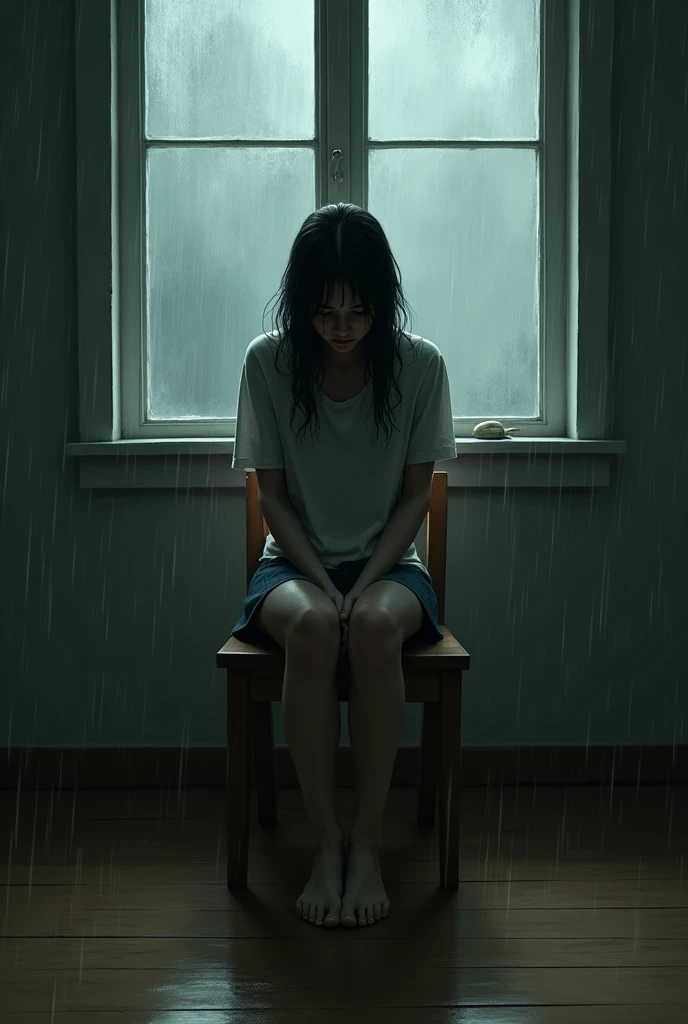 A woman crying in plow in the room rain outside