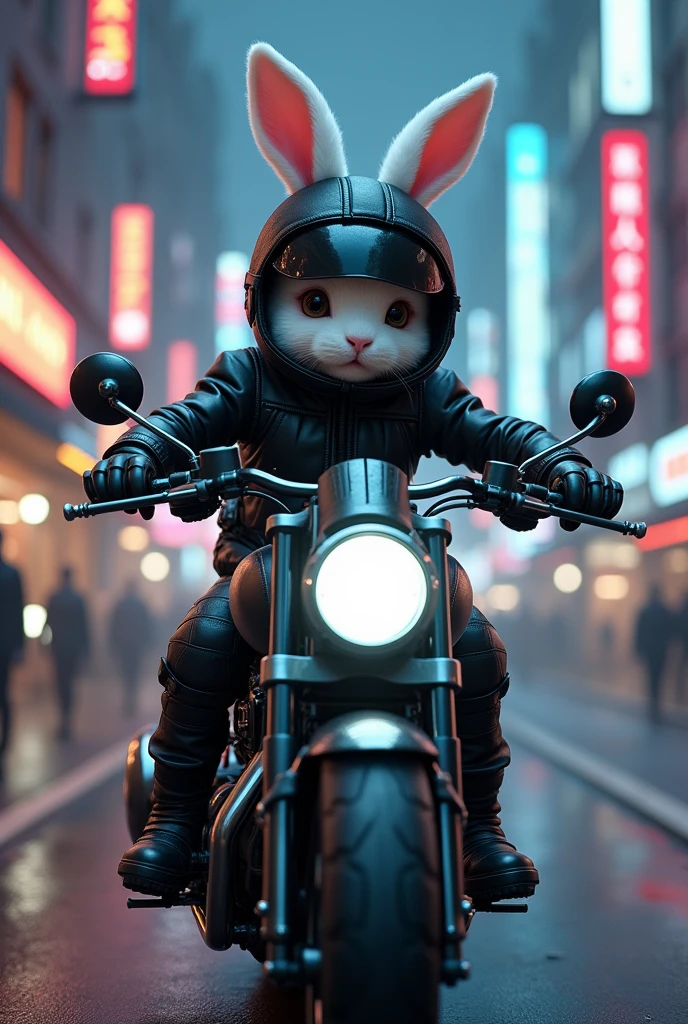 Cute and detailed little white rabbit riding a high-tech motorcycle, High-tech hat wearing black leather jacket and black one-piece leather armor, Long black leather gloves, Black boots, Cyberpunk town at night, (Cyberpunk theme),
(masterpiece, best quality, 8k, Sharp focus, Limit depth for writing, Best shadow, Perfect light, High Dynamic Range, Realistic skin texture, Ultra detailed background), Wide-angle lens