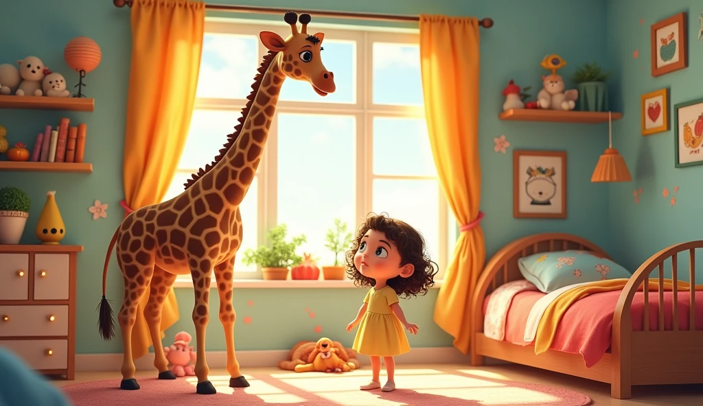 A girl stands near a giraffe in a children's room