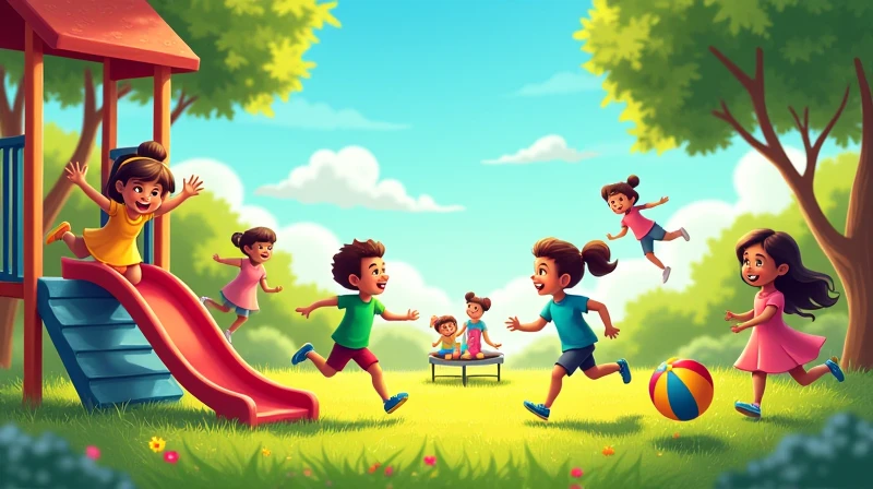 

The image captures a vibrant and joyful scene of a park full of life and fun.. Em primeiro plano, a group of children are engaged in various activities, showing a variety of expressions and emotions that reflect the pleasure and energy typical of childhood.

En el centro de la imagen, a group of four children are having fun on a colorful playground. A girl with brown hair tied in a high bun is hanging from a red slide, with a radiant smile and arms stretched high, as he prepares to slide down. next to her, a boy in a green t-shirt and jeans is climbing the stairs of the slide with a look of concentration and enthusiasm.

Mais adiante, a child is playing with a colorful ball. The dark-skinned one is running, with the blue and yellow ball in hand, his face lit up with a great expression of joy. A little in the background, one in a pink dress is bouncing on the trampoline, her dress swaying to the rhythm of her jumps, while your friend next door, with a blue t-shirt, watches her with an amused look.

Ao fundo da cena, a family is having a picnic under the shade of a large tree. Children are running around a well-kept lawn area, where the vibrant green of the lawn contrasts with the bright colors of the children&#39;s toys and clothes. the sky is clear and blue, with some scattered white clouds, and the sun shines brightly, casting a warm, soft light over the scene.

O playground, me yes, is a set of multicolored structures, including slides, swings and a sandbox. The balances are in motion, and you can see some children alternating between playing and waiting their turn.

The image is full of movement and energy, capturing the light and joyful spirit of a day in the park. The composition reflects a safe and welcoming environment, where children can express themselves and enjoy the simplicity and happiness of playing outdoors. The interaction between