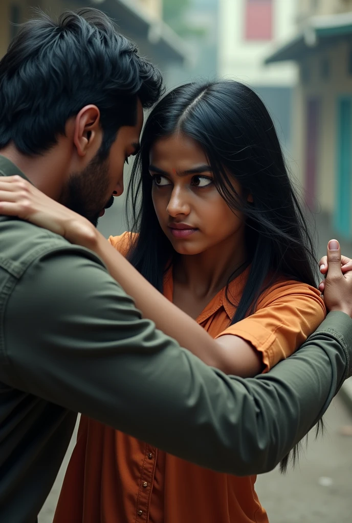 An Indian Girl with Modarate long black hair in salwar kameez  school uniform trying to resist a handsome male attacker who has caught her by hand.