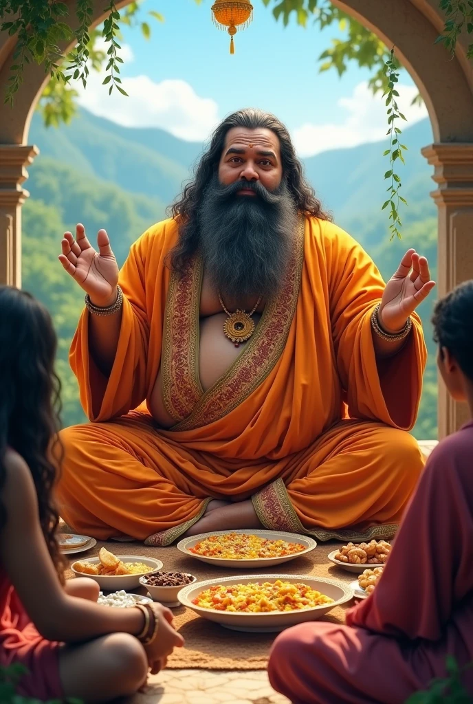 Aap big fat Indian Guru who is giving knowledge to his about the meaninglessness of body to his disciples and eating lots of food