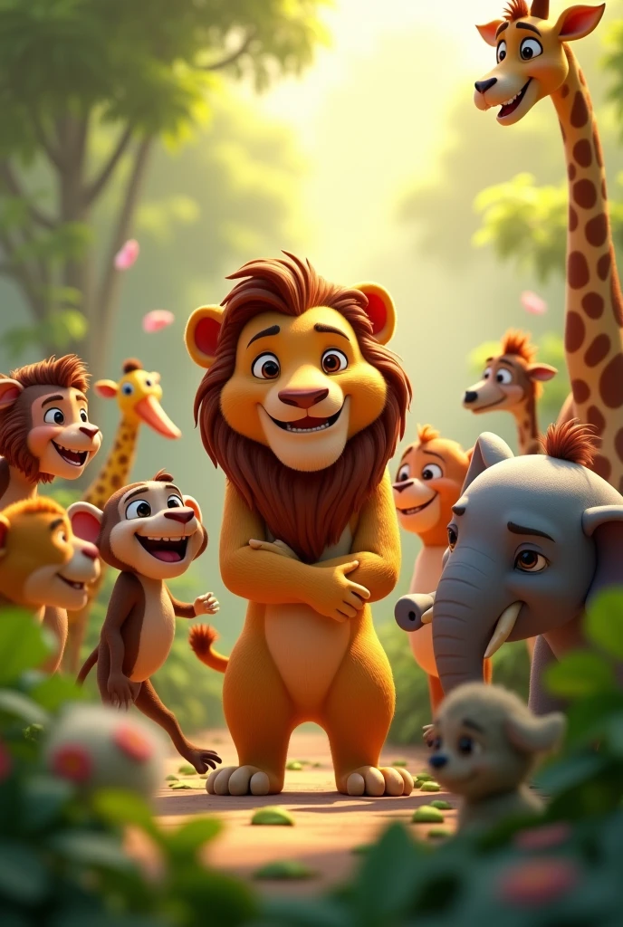 3d animation cartoons "The jungle animals celebrating their new friendship with the lion**, as they gather around in a joyful circle, with the lion in the center smiling warmly.
