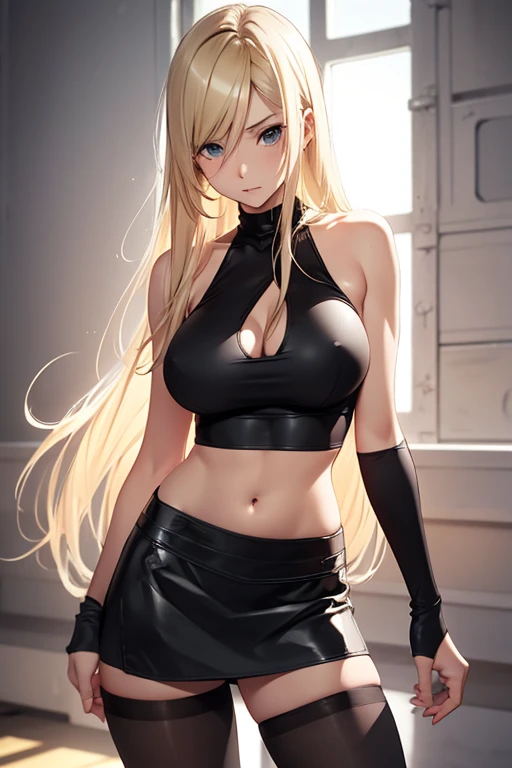 Solo, 1girl, Early 30's, long blonde hair, large heavy breasts, slender toned build, pink tank top (braless), short black leather skirt, pantyhose, legs parted, eye contact, cowboy shot,