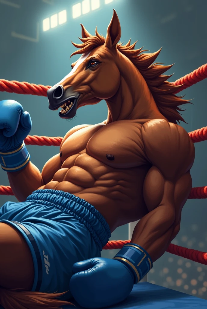 Detailed picture of a confident male anthro, (horse, chocolate brown) sprawled on he's back in a boxing ring, trending on Art Station, Ross Tran, ruan jia, foxovh, ((tired expression, gritting teeth, closing eyes, wearing blue shorts, ((blue boxing gloves,)) (((dynamic lighting,)))