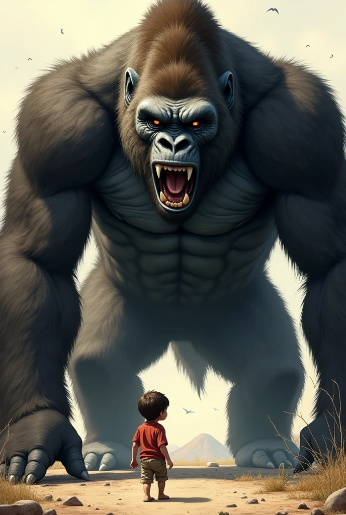 A and a big gorilla standing in front of each other and gorilla open mouth very angry looking to kid from side