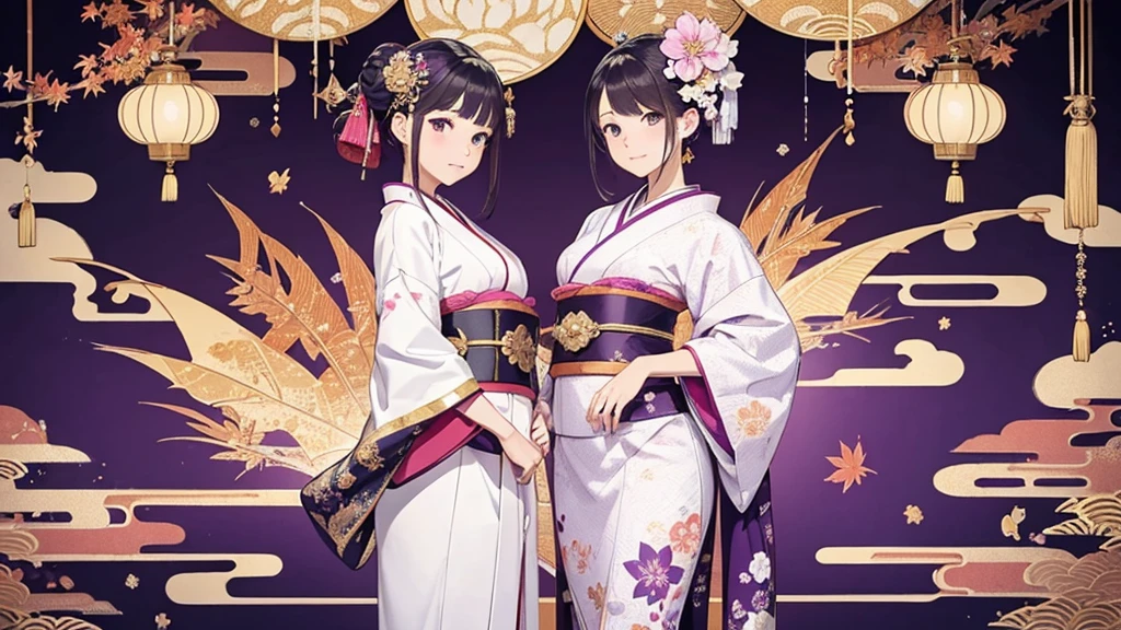A Japanese fabric pattern with traditional purple, white and gold colors, featuring intricate designs of geisha figures surrounded by autumn Leaf and big fans, with subtle floral patterns in the background. The design is elegant and richly textured, reflecting classic Japanese aesthetics. It's perfect for high-end textile applications or as an artistic wallpaper in the style of traditional Japanese designs. flowding Bright crystal