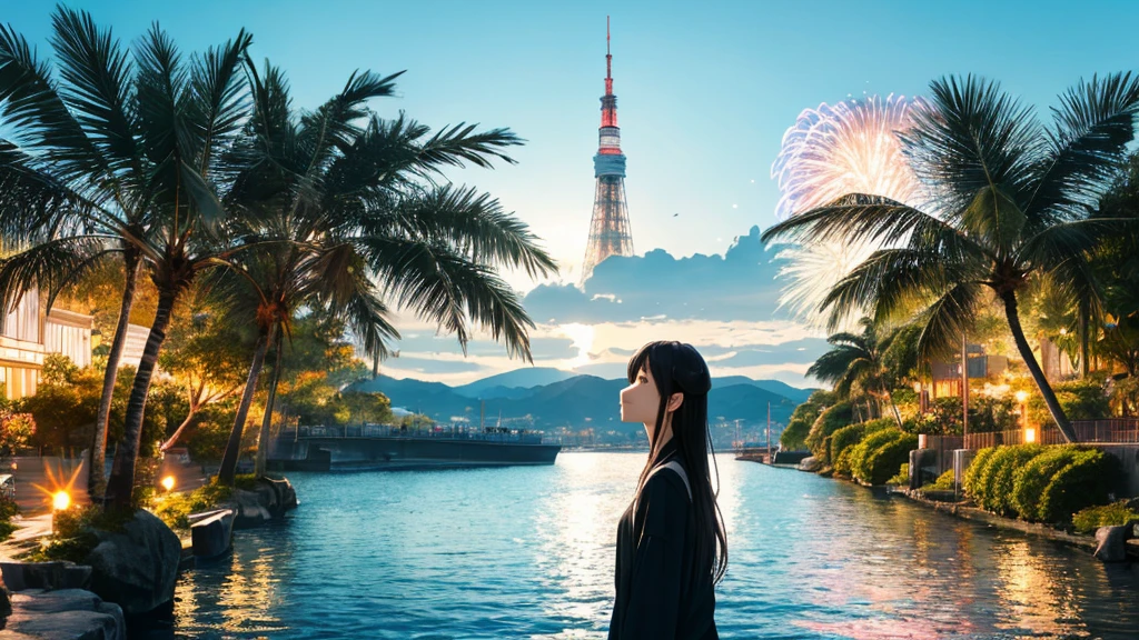 Shiraishi Mei, Looks exactly like Shiraishi Mei、Time is night、Tokyo Tower in the background、Big fireworks、Oceanの方を向いている後ろ姿、Woman looking up at the sky ,Long Hair,  Black Hair,, Photo from the side, Realistic, Highest quality, Detailed face, Strong sunlight, Ocean, Embankment, Detailed Background, Diffused sunlight, Written boundary depth, Bokeh (Highest quality: 1.2), (masterpiece: 1.2), Watch Viewer, one piece, White Theme, ,Vision、(((Panorama:1.2)))