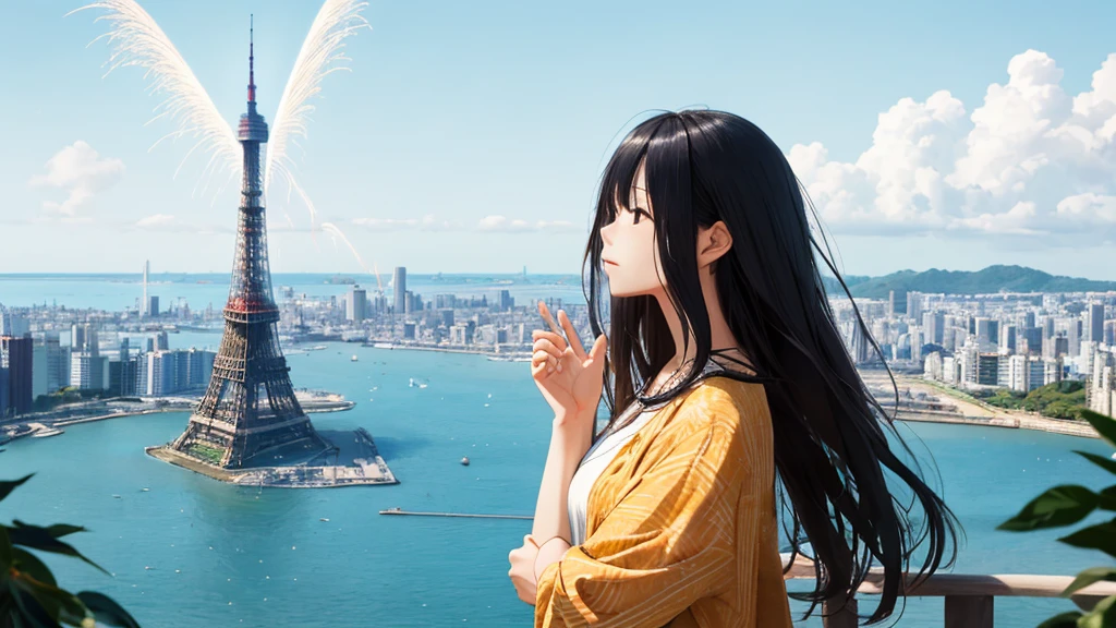 Shiraishi Mei, Looks exactly like Shiraishi Mei、Time is night、Tokyo Tower in the background、Big fireworks、Oceanの方を向いている後ろ姿、Woman looking up at the sky ,Long Hair,  Black Hair,, Photo from the side, Realistic, Highest quality, Detailed face, Strong sunlight, Ocean, Embankment, Detailed Background, Diffused sunlight, Written boundary depth, Bokeh (Highest quality: 1.2), (masterpiece: 1.2), Watch Viewer, one piece, White Theme, ,Vision、(((Panorama:1.2)))