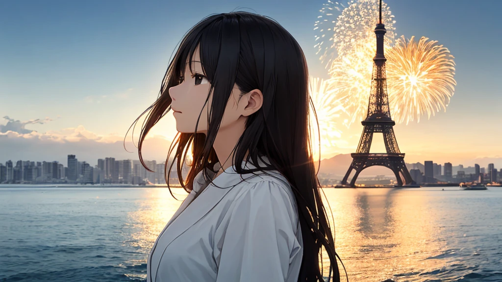 Shiraishi Mei, Looks exactly like Shiraishi Mei、Time is night、Tokyo Tower in the background、Big fireworks、Oceanの方を向いている後ろ姿、Woman looking up at the sky ,Long Hair, Black Hair,, Photo from the side, Realistic, Highest quality, Detailed face, Strong sunlight, Ocean, Embankment, Detailed Background, Diffused sunlight, Written boundary depth, Bokeh (Highest quality: 1.2), (masterpiece: 1.2), Watch Viewer, one piece, White Theme, ,Vision、(((Panorama:1.2)))