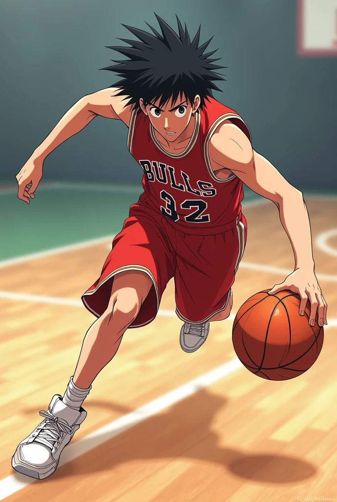 A horizontal image of the protagonist of Slam Dunk, Eiun, showing his dribbling