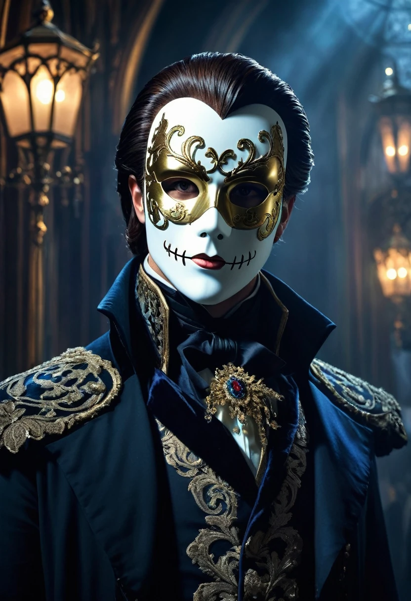 (anime, fantasy, phantom of the opera), (best quality, highres, highly detailed, HDR:1.2), cold colors, ominous atmosphere, 1man, phantom mask, classic outfit, intricate, ethereal light, highly detailed face and body