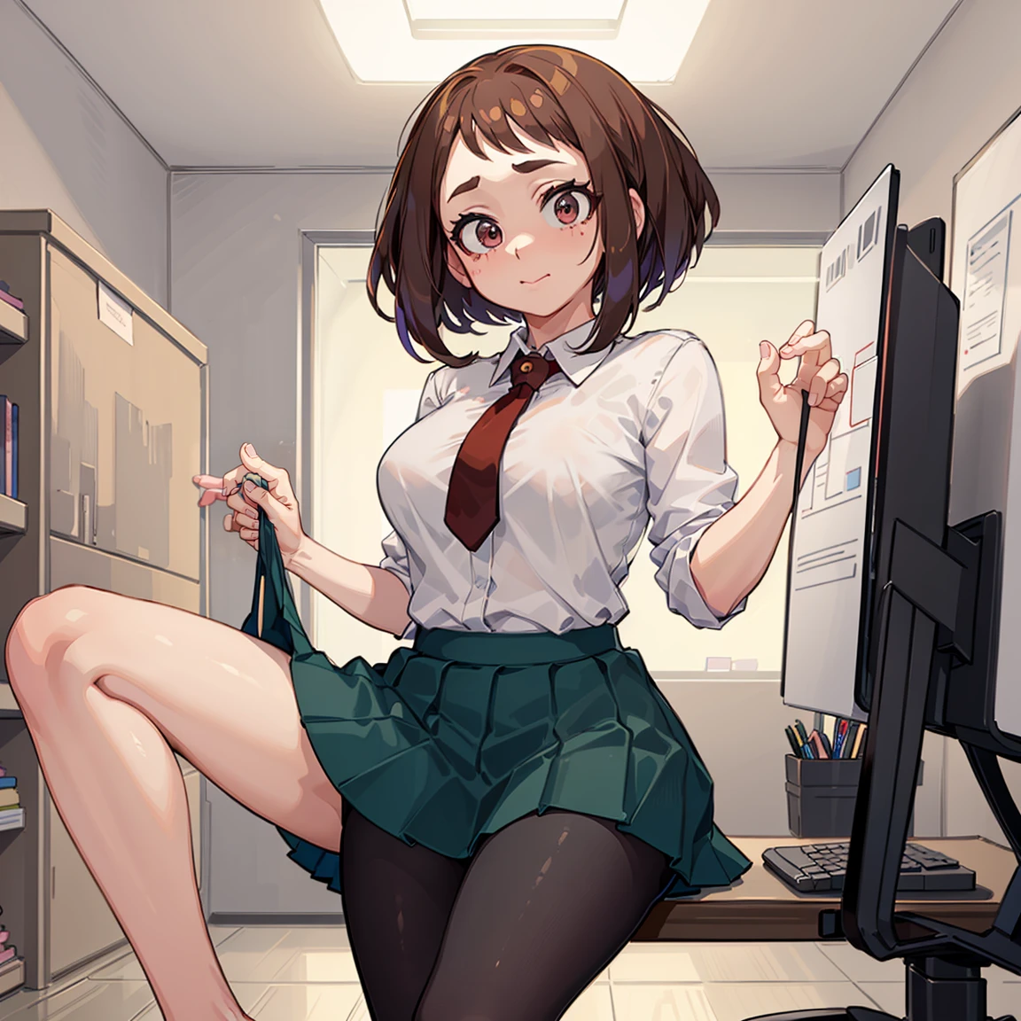((Uraraka Ochako)), masterpiece, sitting, office background, minimalist art, detailded, meticulous art, No defects, character focus, cenário detailded, Proportionate Body, beautiful face, Body cute, animated cartoon, arte anime, perfect art, perfectionism, (1 girl), (standing alone), blushed, shame, different, (((Maximum quality))), (adult woman), ((secretary clothes)) social shirt, short black skirt, sitting em cima da mesa, front view, seducing, ((lifting the skirt)) sexly, nice legs, ((legs showing))