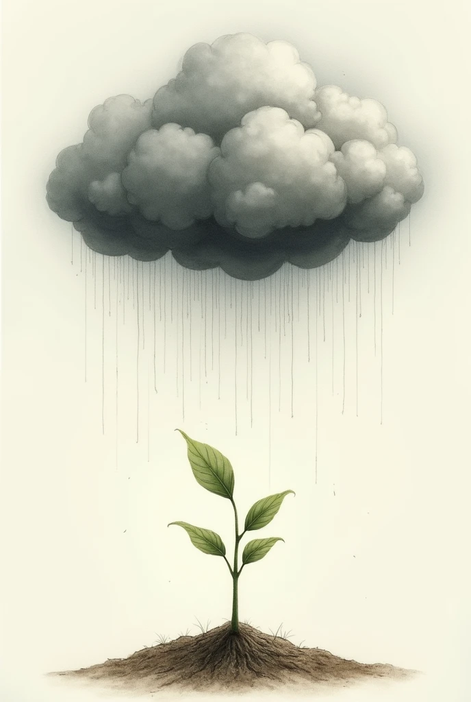 A drawing of a rain cloud over a germinating plant with only a weak leaf
