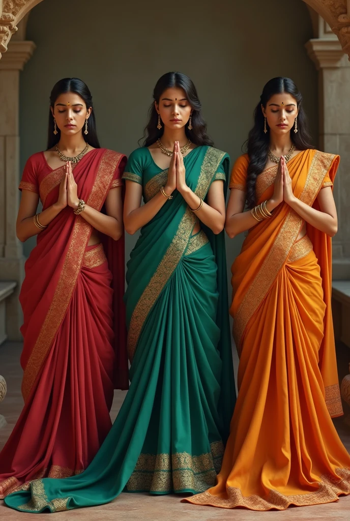 a group of 3 women praying in traditional saree