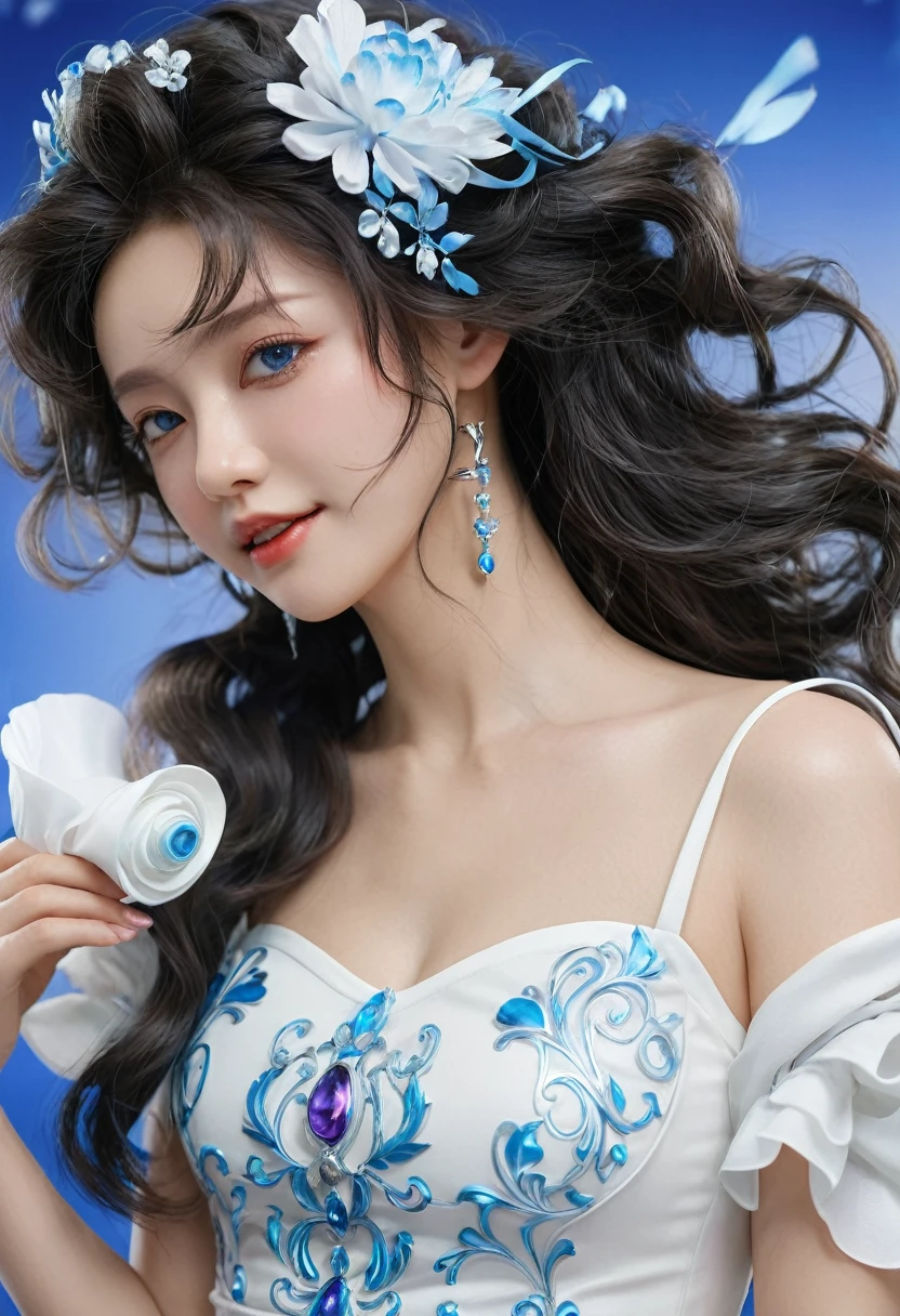 korean,realistic, masterpiece, final details, photo realistic, intricate details, octane rendering, 8k, 1 girl, perfect face, pretty face, NSW Sports Federation, Slot Reference, detailed hair,, black curtsey, black Gloves, black legs, blue eyes, blue hair, curtsey, clavicle, skirt, Drilling hair, flounce, flounce, Gloves, Gwen, headskirt, high resolution, long hair, open your mouth, puff sleeves, purple eyes, laugh, lonely, white skirt, oily skin,