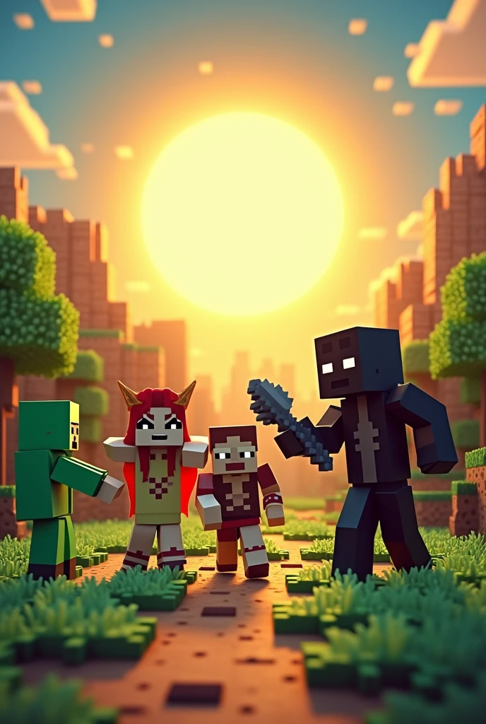 Create an image with characters that have Demeter, Eris, Ares, Pluto and Thanatos that are in the minecraft style and say Sun Roleplay
