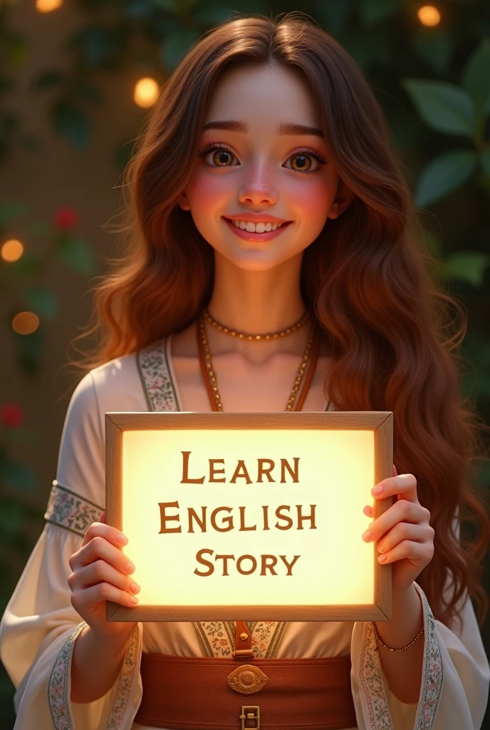Beautiful girl with heart-warming smile and wavy long hair, bohemian dress, holding a white board with text "learn English Through Story" and showing it to the viewer, the board is glowing with a the text,Different quality girl.