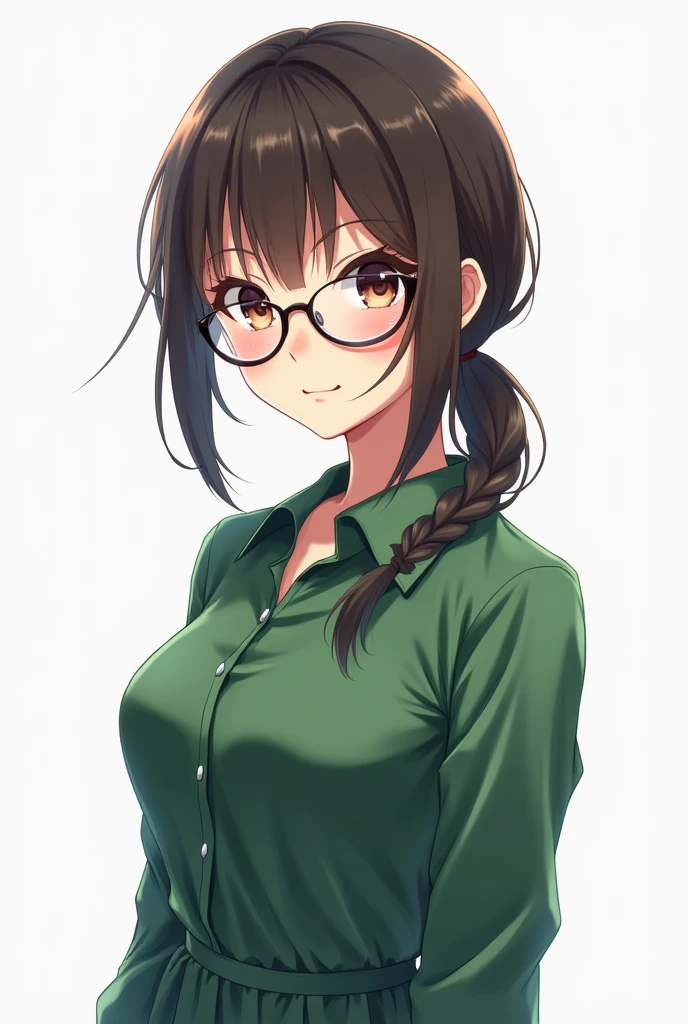 The background is white, and the girl is an anime-style girl wearing glasses and a green long-sleeved jumpsuit with a collar, and her breasts are slightly visible.