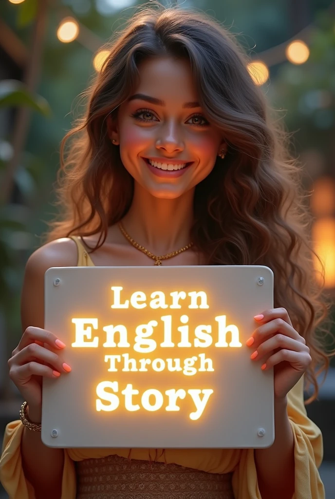 Beautiful girl with heart-warming smile and wavy long hair, bohemian dress, holding a white board with text "learn English Through Story" and showing it to the viewer, the board is glowing with a the text.Different quality girl.