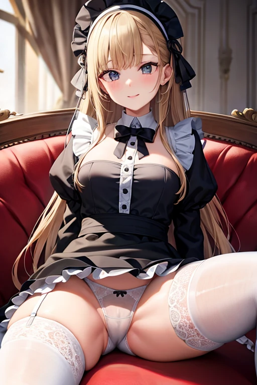 Highest quality, masterpiece, Adult women,8 heads,Long sleeve maid outfit,Without skirt,Long Hair,Brown Hair,Dark Room,Sit shallowly on the sofa,Spread your legs、Leg spread,White tights,White garter belt,Wet white lace panties,I can see your pants,A seductive smile, Plump thighs,Long legs,Low - Angle