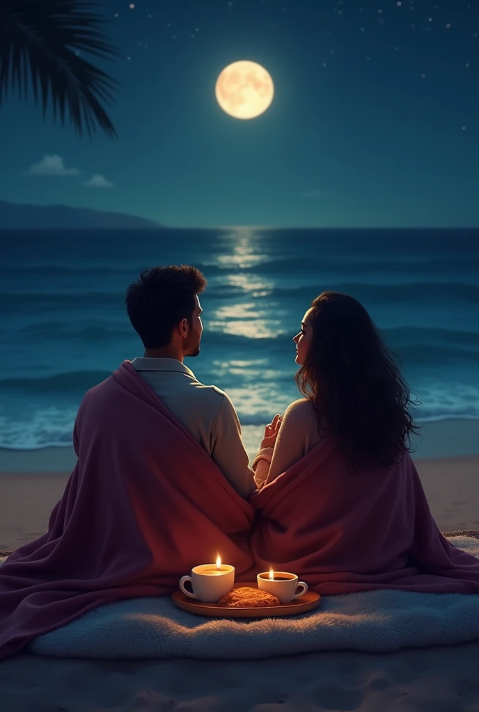 I would like to create an image where a couple of friends can be seen (man and woman), sitting with their backs turned looking at the beach while drinking a coffee with chipa during the night, covered in a blanket