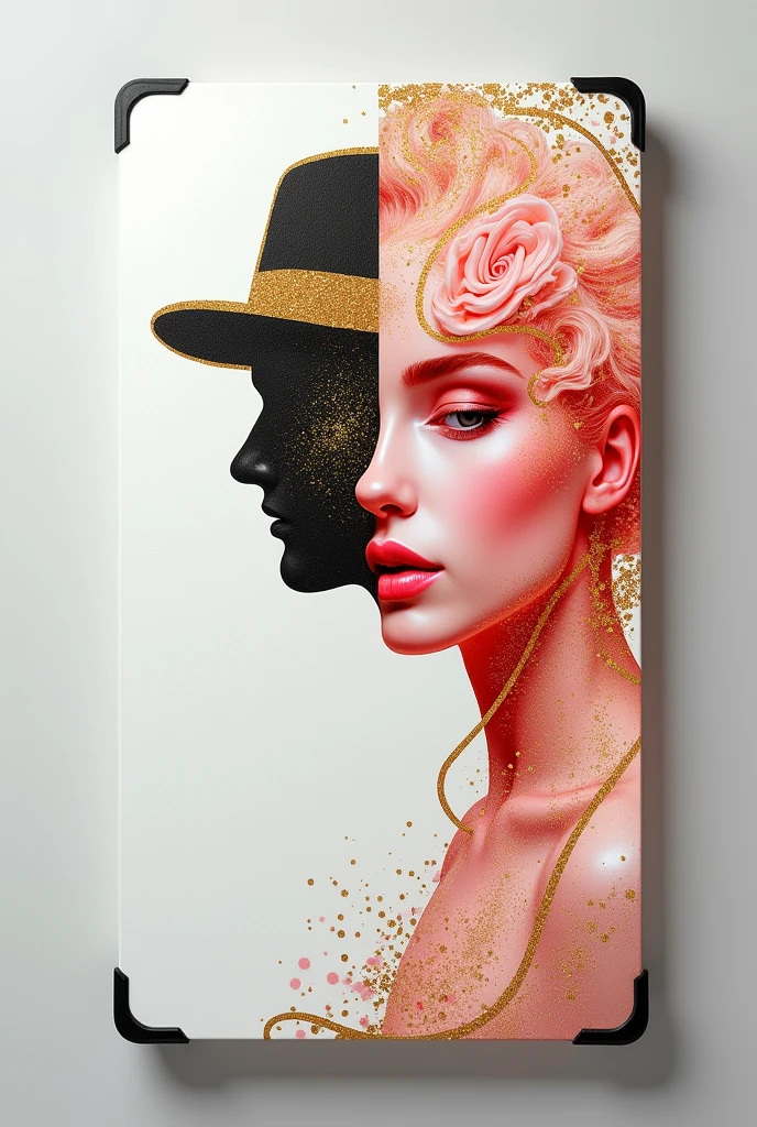 A rectangular whiteboard, divided in half, on the right shimmering red colored features of a woman (cute dove) and on the left side gold glitter lines of a man with a hat ( exu)