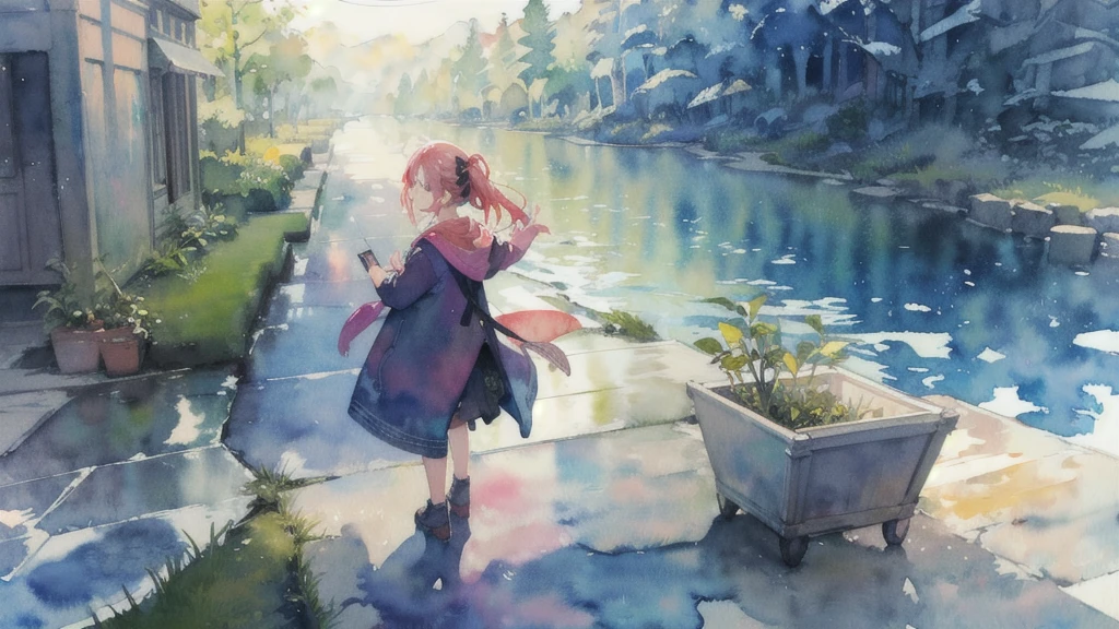 (watercolor:1.2), watercolor, one person's, alone, Long Hair, Black Hair, clock, Seraphim, Holding, wristclock,My Room、1 person、T-Shirts, profile, Short sleeve, Water Bottle, Painting \(Moderate\), White shirt, Sailor collar, blush, Shorts, From the side, Day, sitting on sofa looking at smartphone、Cowboy Shot, Brown eyes, bangs, chest, Pink Nails、curtain、relax、looks fun