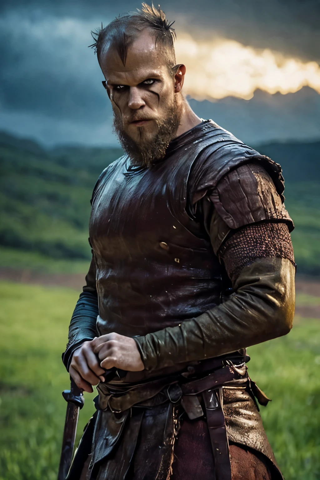 Hyper realistic, ultra detailed, cinematic posterof Floki a viking warrior, old man, 50 years old, black makeup on eyes, beard, ((action scene)), in dynamic pose, ((night, rain fall)) , ultra realistic, skin texture, cinematic lighting. (((Cinematic medieval castle and thunder background))) .