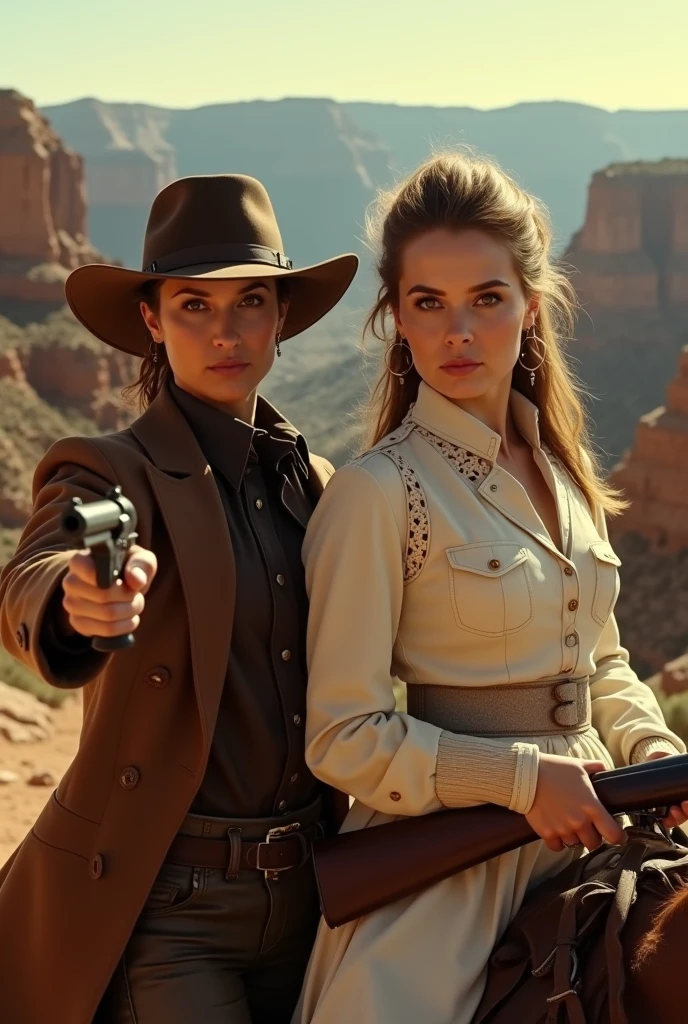 Cinematic film still from the movie "Bandidas", intense gritty, photo of two beautiful female cowboy outlaws , the one on the left holding a pistol is wearing a brown coat and dark shirt, the one on the right holding a rifle is wearing white wild west theme long sleeves high collar dress with intricate detail cowboy's accessories, looking at the viewer, horse riding, Grand Canyon, golden hour , dramatic shadows , natural lighting . dusty mood