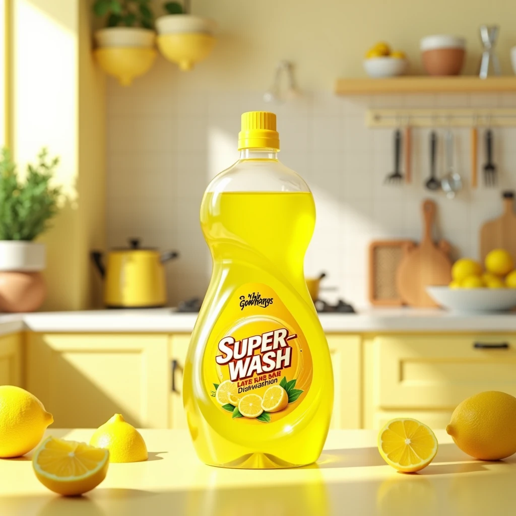 Super wash logo on lamon DISHWASH yellow transparent liquid bottle with lemon background and kitchen background