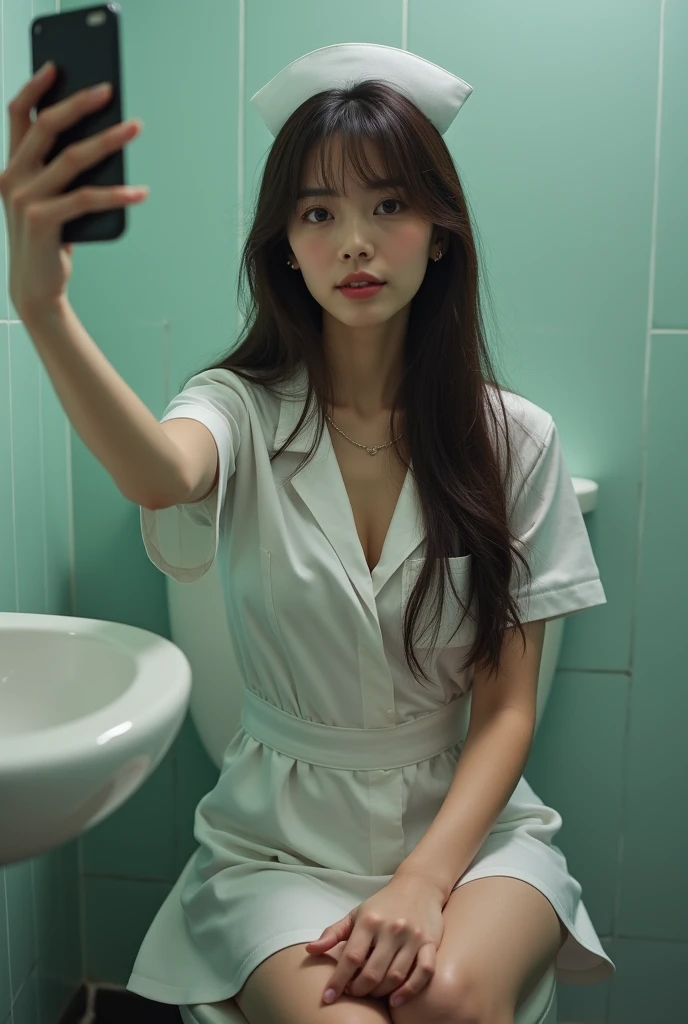 A beautiful Japanese woman in her early 20s wearing a nurse&#39;s uniform and sitting on a toilet seat、I have long hair、Taking a selfie with one arm raised、Her chest is slightly open, exposing her cleavage.、