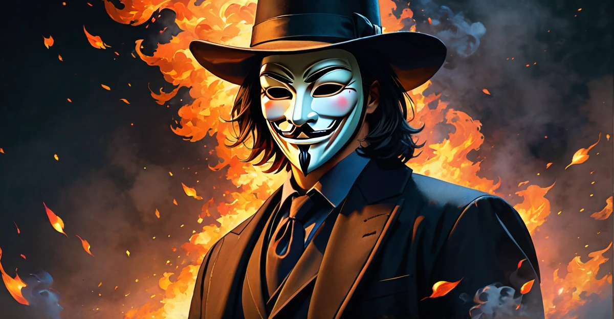 (masterpiece, best quality:1.1), (ultra highres, ultra-detailed:1.2),(Guy Fawkes mask ),The background is explosive flames,smoke,