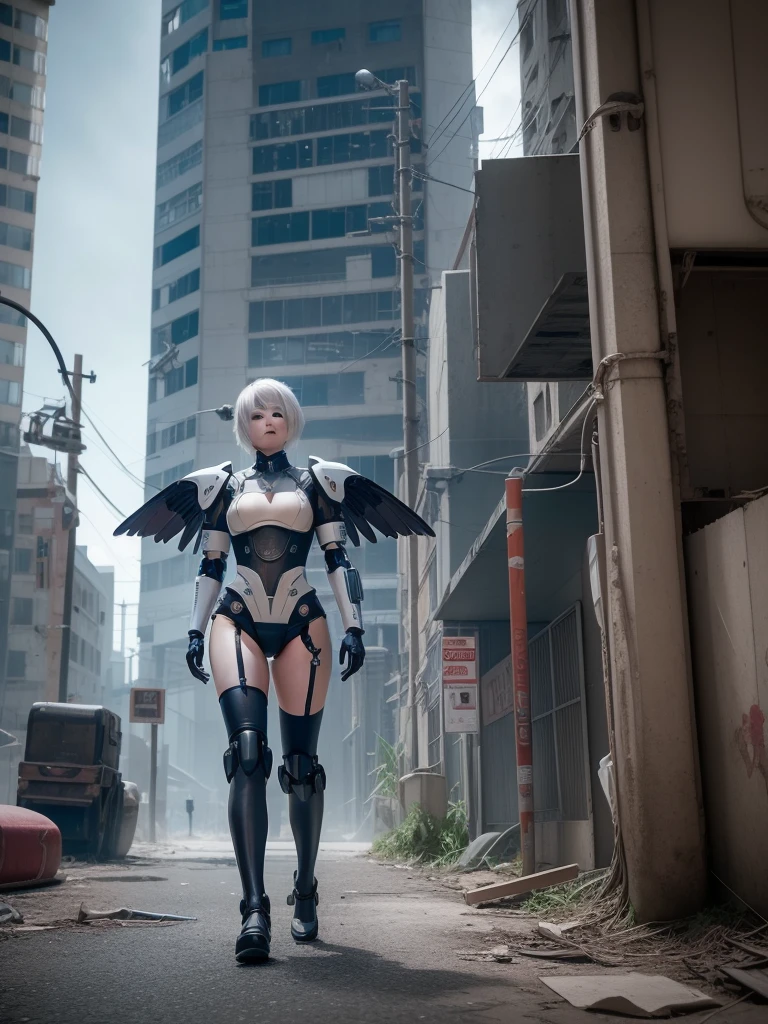 a highly detailed mecha figure of 2B from Nier Automata, wearing a realistic white mecha suit with neon accents, mechanical legs and wings, in an abandoned cyberpunk city, cinematic lighting, 8k, photorealistic, masterpiece