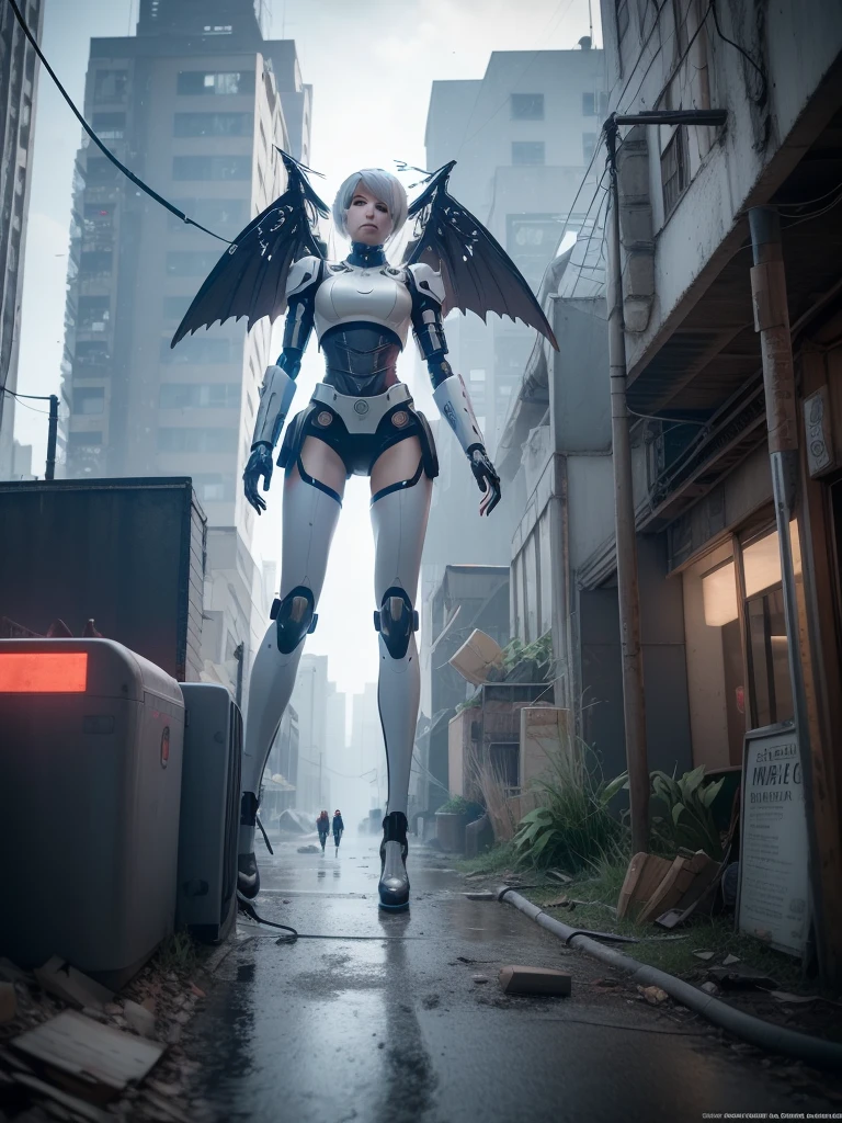 a highly detailed mecha figure of 2B from Nier Automata, wearing a realistic white mecha suit with neon accents, mechanical legs and wings, in an abandoned cyberpunk city, cinematic lighting, 8k, photorealistic, masterpiece