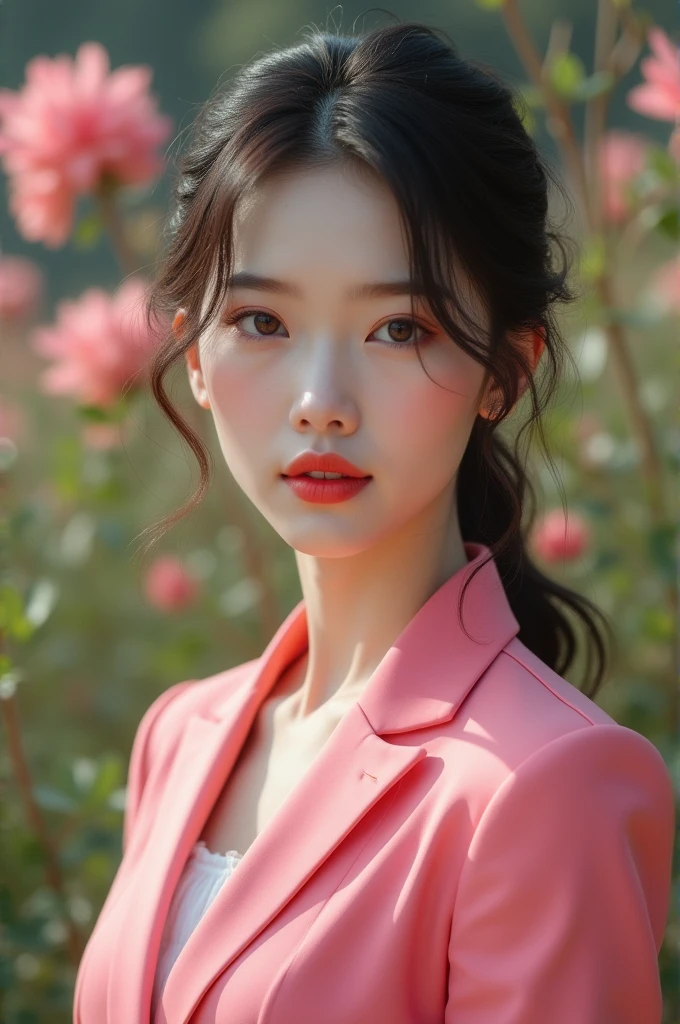 A beautiful 18 year old girl who is from the village and is wearing a pink suit and red lipstick