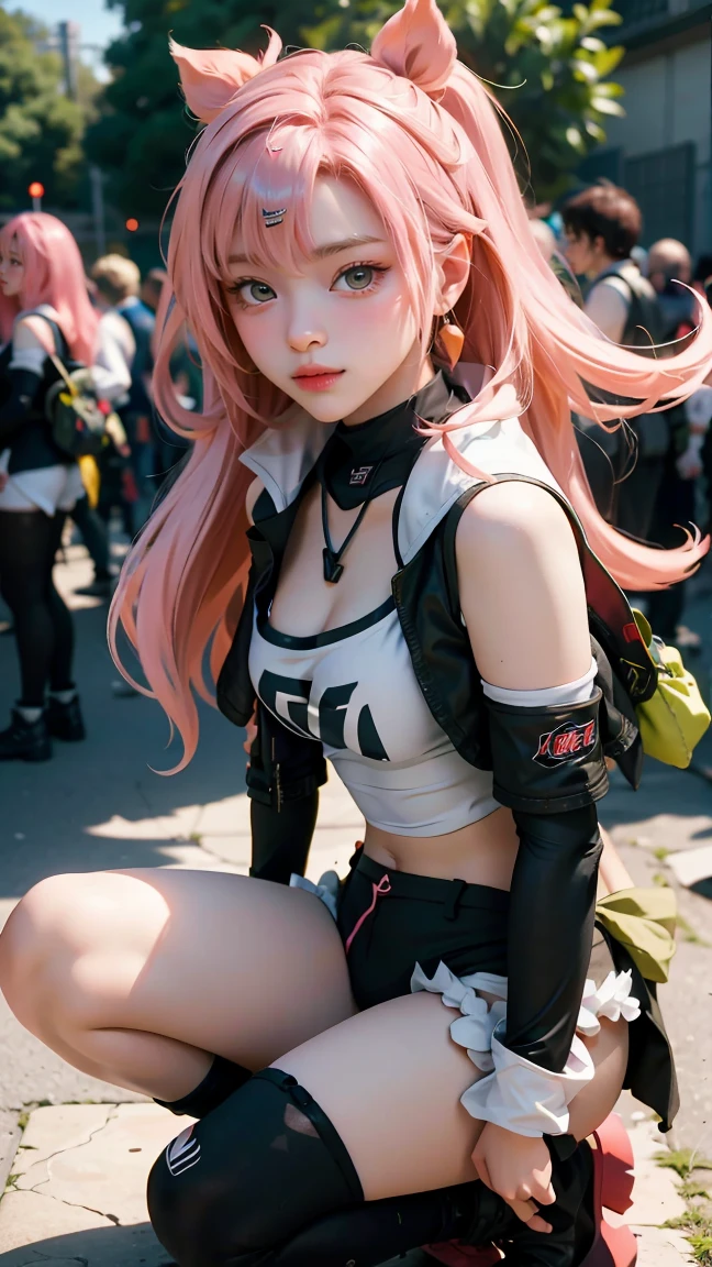 A girl cosplaying as the character sakura from the anime naruto shimpudder. She has long pink hair, a bandana tied in white, a green ninja vest, naruto shimpudder-like costume, Slightly open neckline, red color outfit with black, bright green eyes, tight black shorts, thick legs, slim waist, fighting stance, wears black gloves, black boots,  ultra realistic and detailed cosplay of the character sakura. Masterpiece, Ultra HD, 8k, photography, real skin, real hair, blurred background f1.2. Masterpiece, professional realistic photography style. 