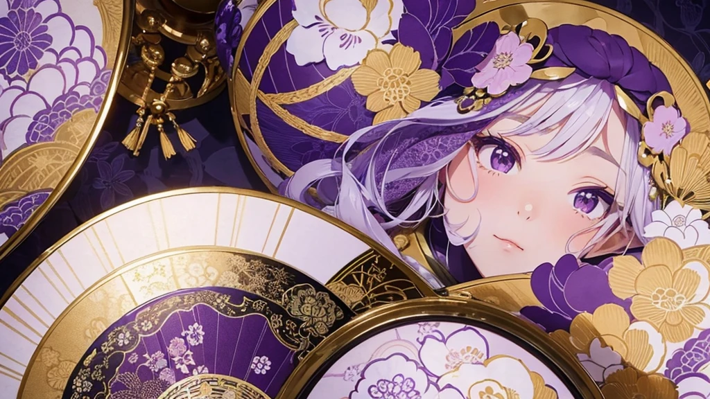 A Japanese fabric pattern with traditional purple, white and gold colors, featuring intricate designs of geisha figures surrounded by autumn Leaf and big fans, with subtle floral patterns in the background. The design is elegant and richly textured, reflecting classic Japanese aesthetics. It's perfect for high-end textile applications or as an artistic wallpaper in the style of traditional Japanese designs. flowding Bright crystal