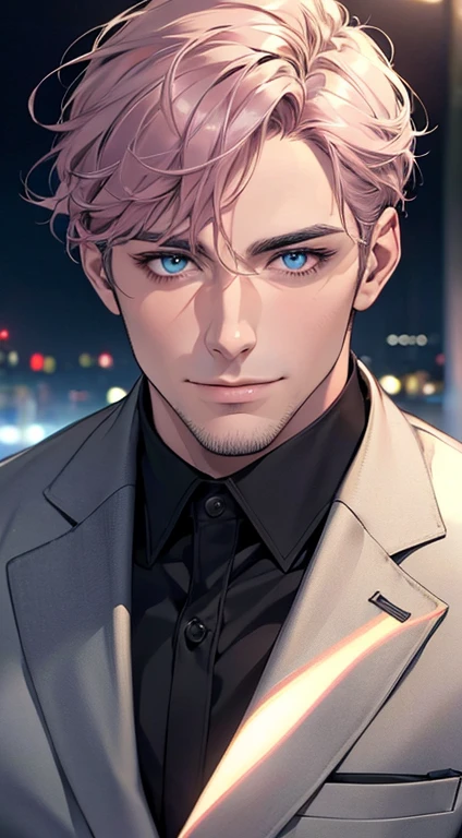 (best quality,4k,8k,highres,masterpiece:1.2),ultra-detailed,(realistic,photorealistic,photo-realistic:1.37),1 man,31 years old,mature man,very handsome,without expression,smile,short grey pink hair,blue eyes,penetrating gaze,perfect face without errors,imposing posture,businessman,office background,cinematic lighting,hdr image