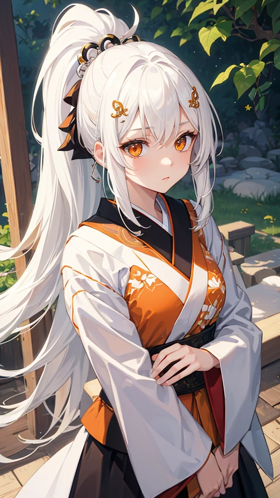 Masterpiece, a girl, Orange eyes, high detailed eyes, white hair, layered hair, hair ornament, ponytail hair, white Japanese kemono,shy expression ,windy