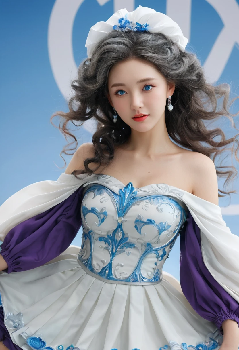 Korean,Practical, masterpiece, Final details, photo Practical, Intricate details, Octane Rendering, 8K, 1 Girl, Perfect face, Pretty Face, NSW Sports Federation, Slot Reference, Detailed hair,, black bow, black Gloves, Black Leg, blue eyes, Blue Hair, bow, clavicle, skirt, Drilling hair, Ruffles, Ruffles, Gloves, Gwen, headskirt, high resolution, Long hair, Open your mouth, Puff sleeves, Purple Eyes, Smile, Solitary, white skirt, Oily skin,