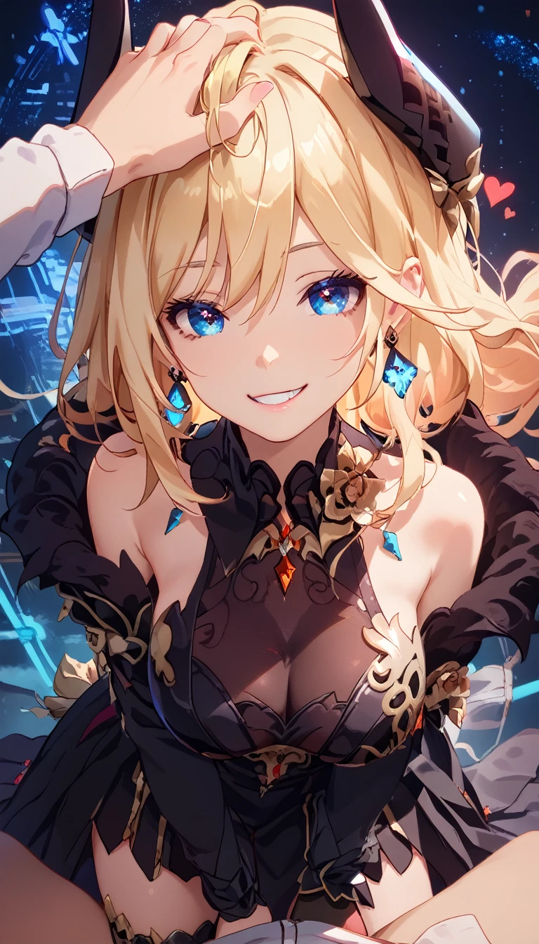 4k,lighting,highres,milf,big breasts,dyl,1girl,blonde hair,gloves,blue eyes,horns,breasts,black gloves,blackdress,black single thighhigh,earrings,jewelry,,IncrsXLHeadpatPOV,pov head pat,floating neon hearts,1 man,smile,undressing,toplees,