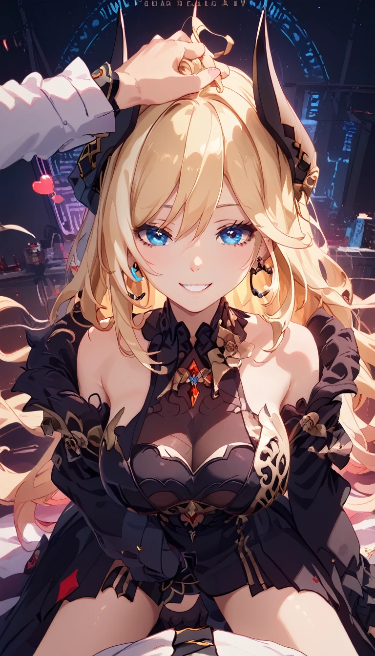 4k,lighting,highres,milf,big breasts,dyl,1girl,blonde hair,gloves,blue eyes,horns,breasts,black gloves,blackdress,black single thighhigh,earrings,jewelry,,IncrsXLHeadpatPOV,pov head pat,floating neon hearts,1 man,smile,undressing,toplees,