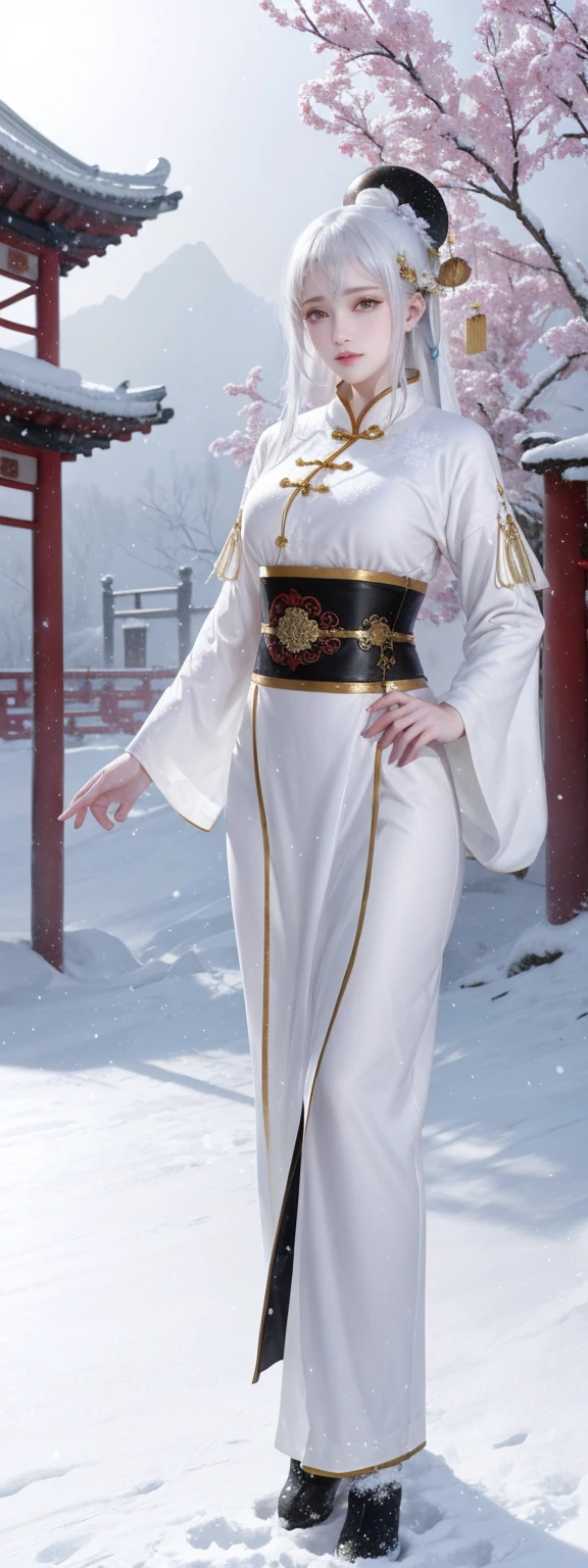 1girl, full body, white hair, outdoors, snow, winter, Chinese style, 