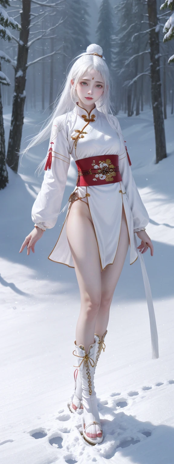 1girl, full body, white hair, outdoors, snow, winter, Chinese style, 