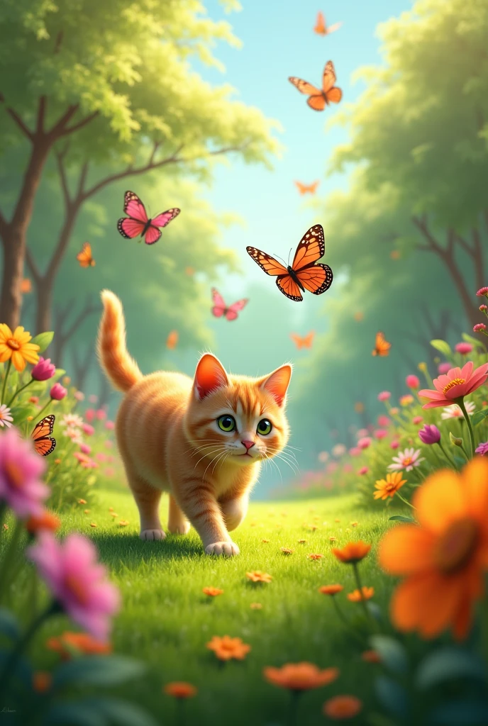 "In the garden, Whiskers saw a group of colorful butterflies fluttering around the flowers. Entranced, she chased after them, her little paws padding softly on the grass."