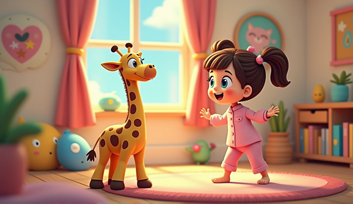 Little cartoon girl in pink pajamas standing near plush giraffe toy in children's room