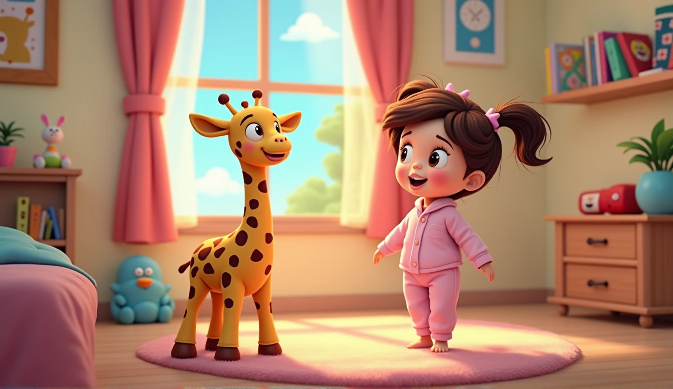 Little cartoon girl in pink pajamas standing near plush giraffe toy in children&#39;s room